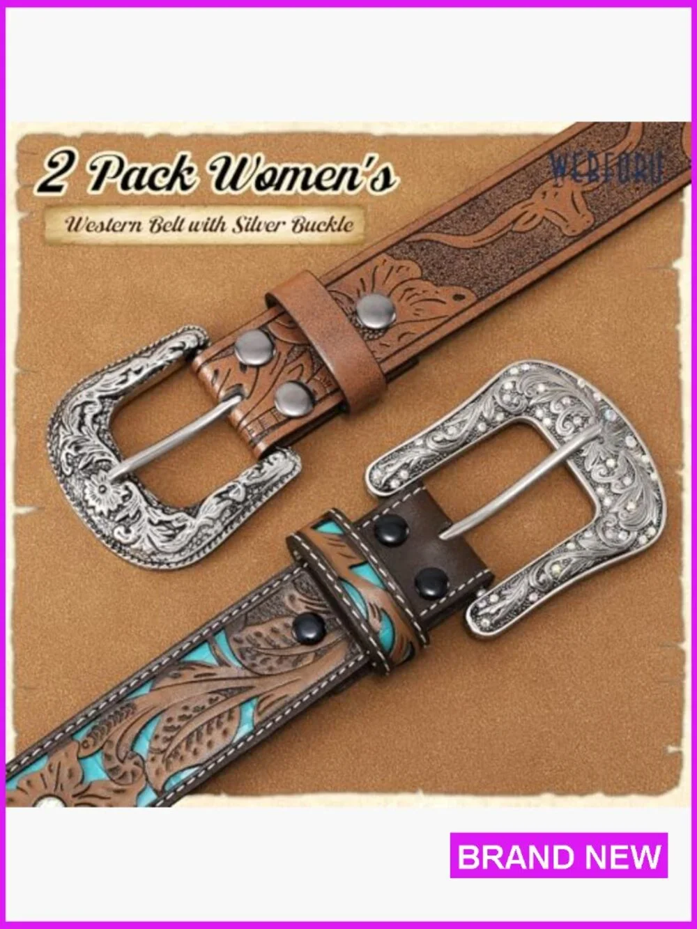Women Western Leather Belt Set with Big Silver Buckle Vintage Carved Pattern - Picture 4 of 7